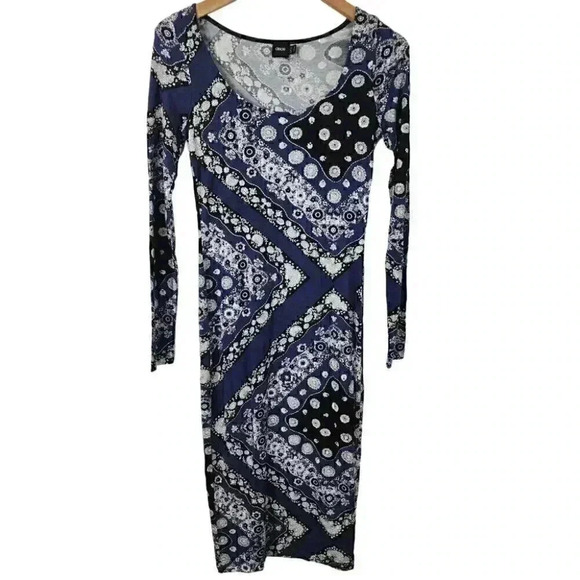 Asos printed Scoop Neck Long Sleeve Bodycon Midi Dress Size 6 - Picture 1 of 8